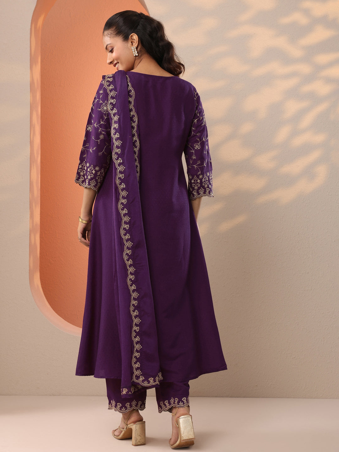  Burgundy Embroidered Silk Blend A-Line Suit Set With Dupatta 