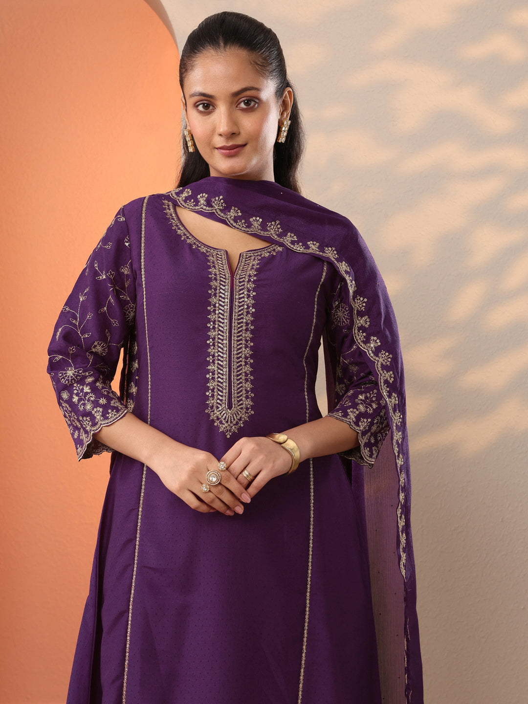  Burgundy Embroidered Silk Blend A-Line Suit Set With Dupatta 