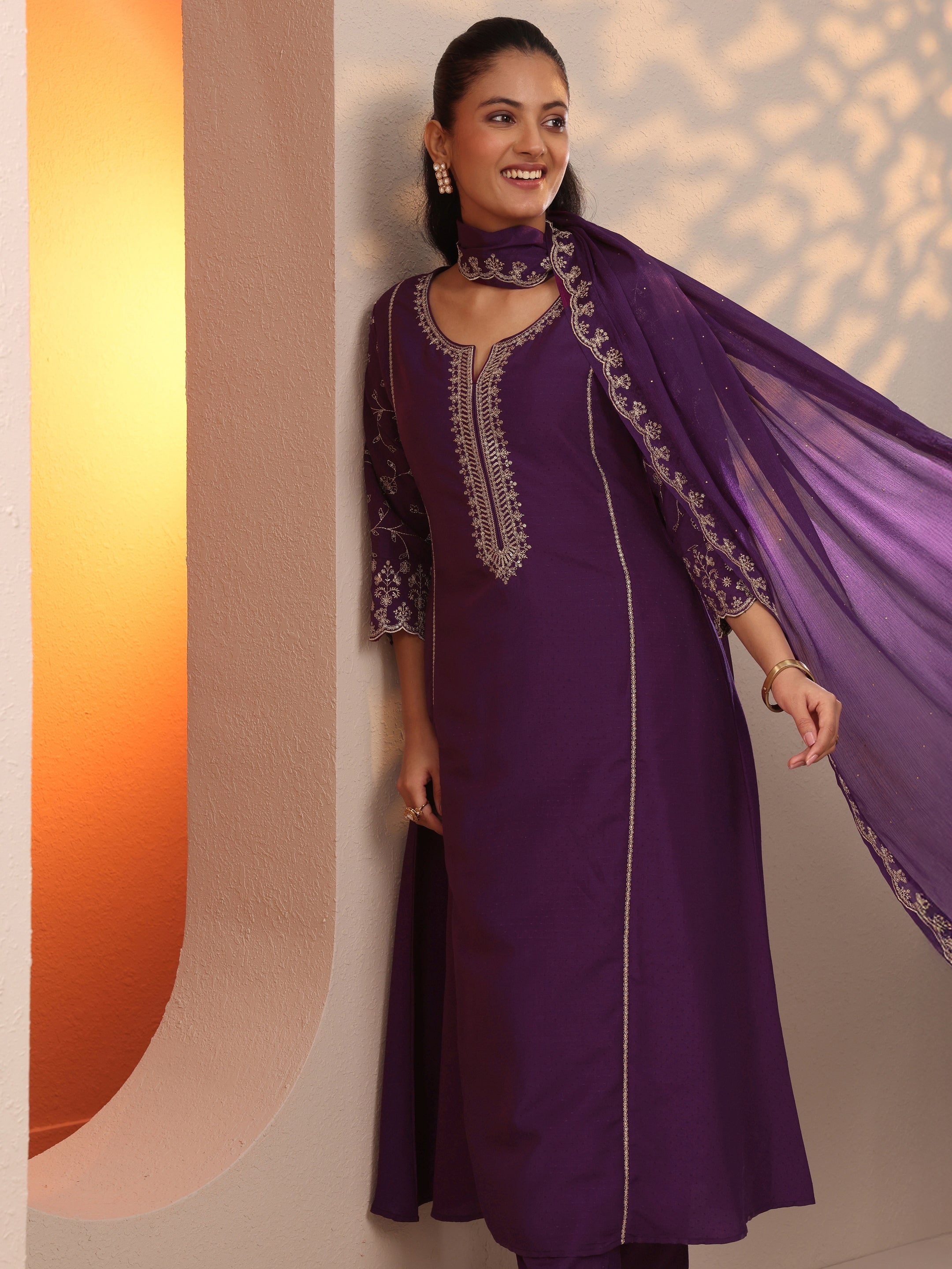 libas Burgundy Embroidered Silk Blend A-Line Suit Set With Dupatta-picture-31