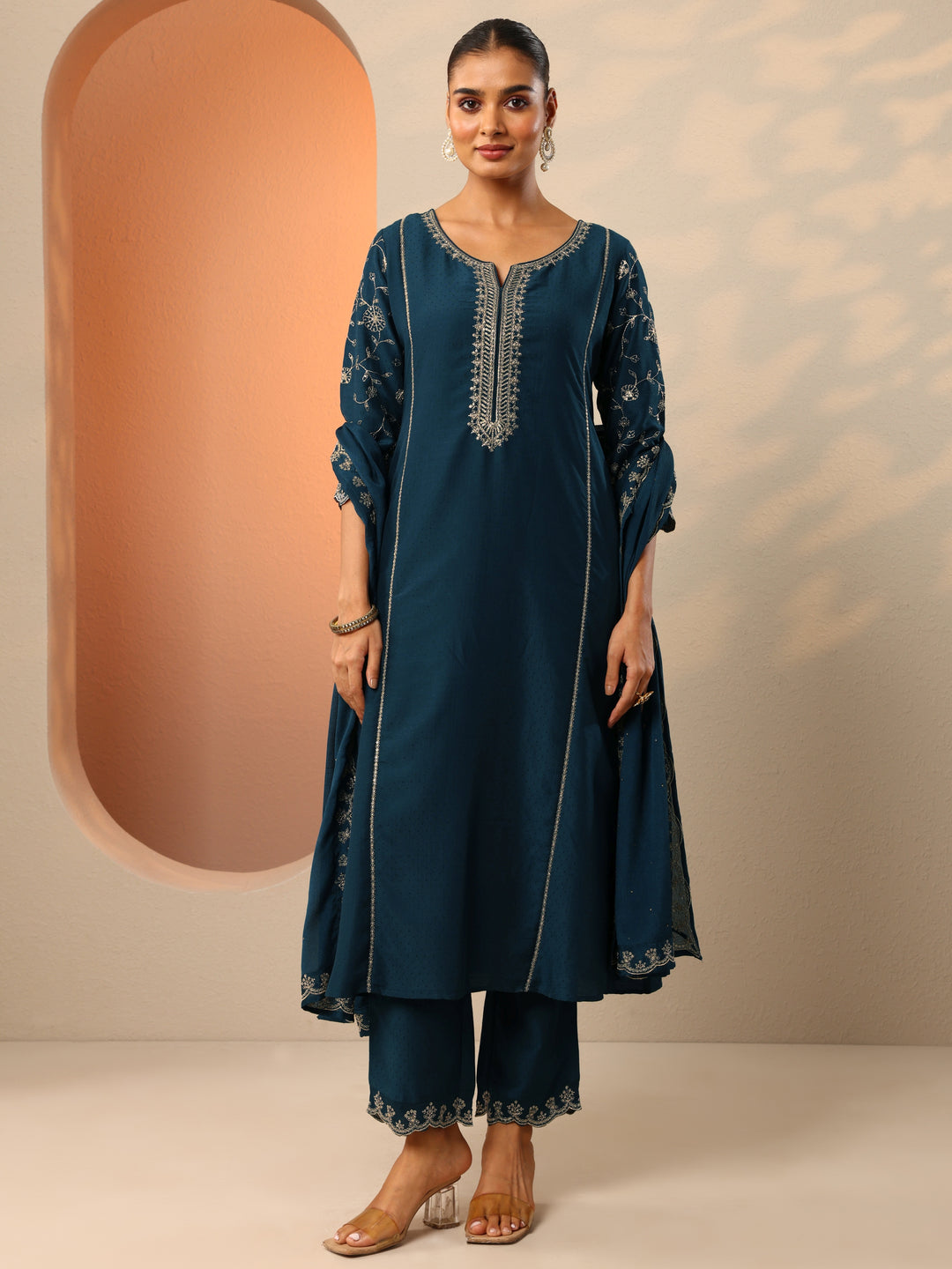  Teal Embroidered Silk Blend A-Line Suit Set With Dupatta 