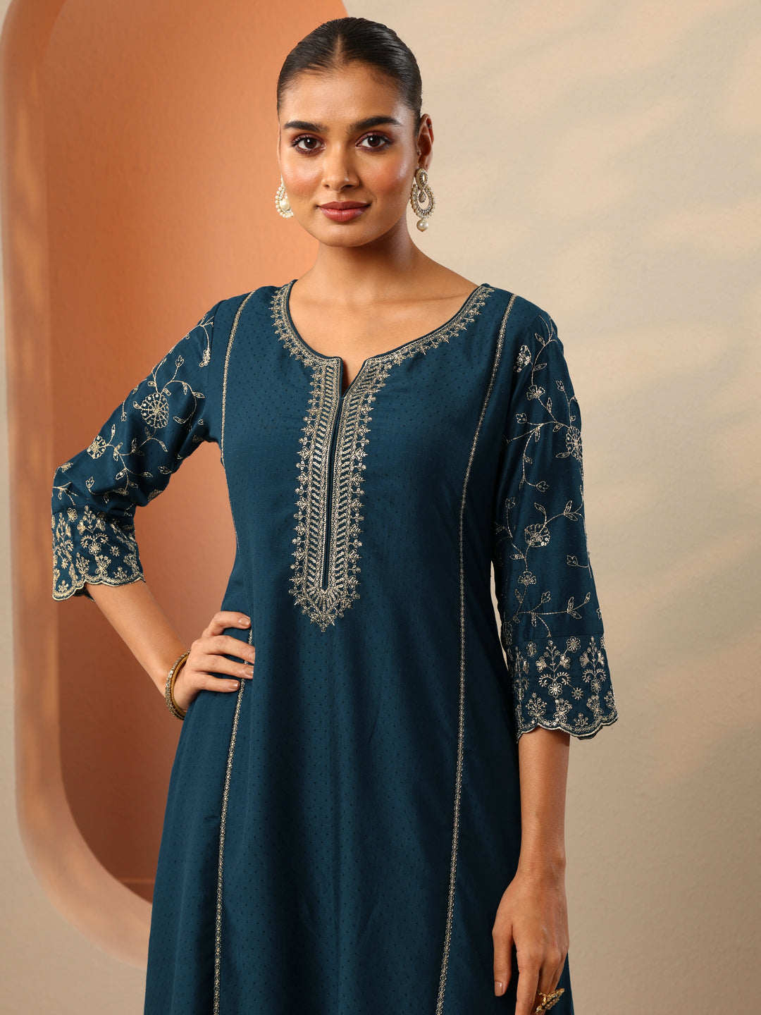  Teal Embroidered Silk Blend A-Line Suit Set With Dupatta 