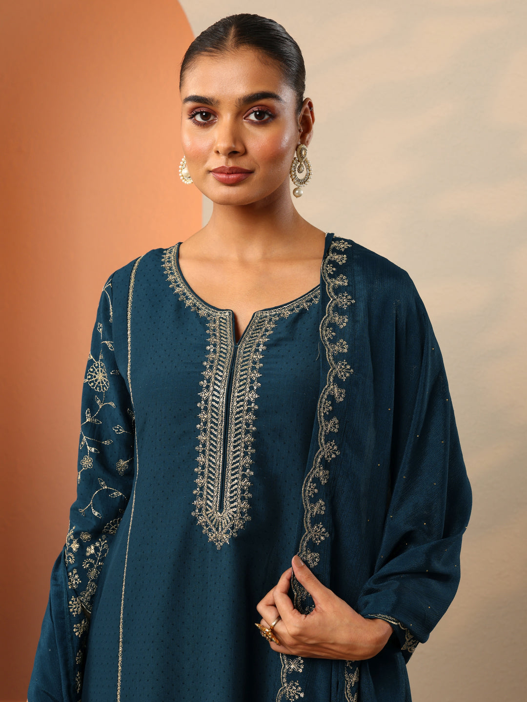  Teal Embroidered Silk Blend A-Line Suit Set With Dupatta 