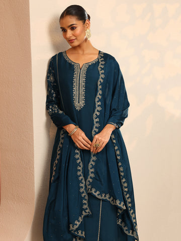 Teal Embroidered Silk Blend A-Line Suit Set With Dupatta