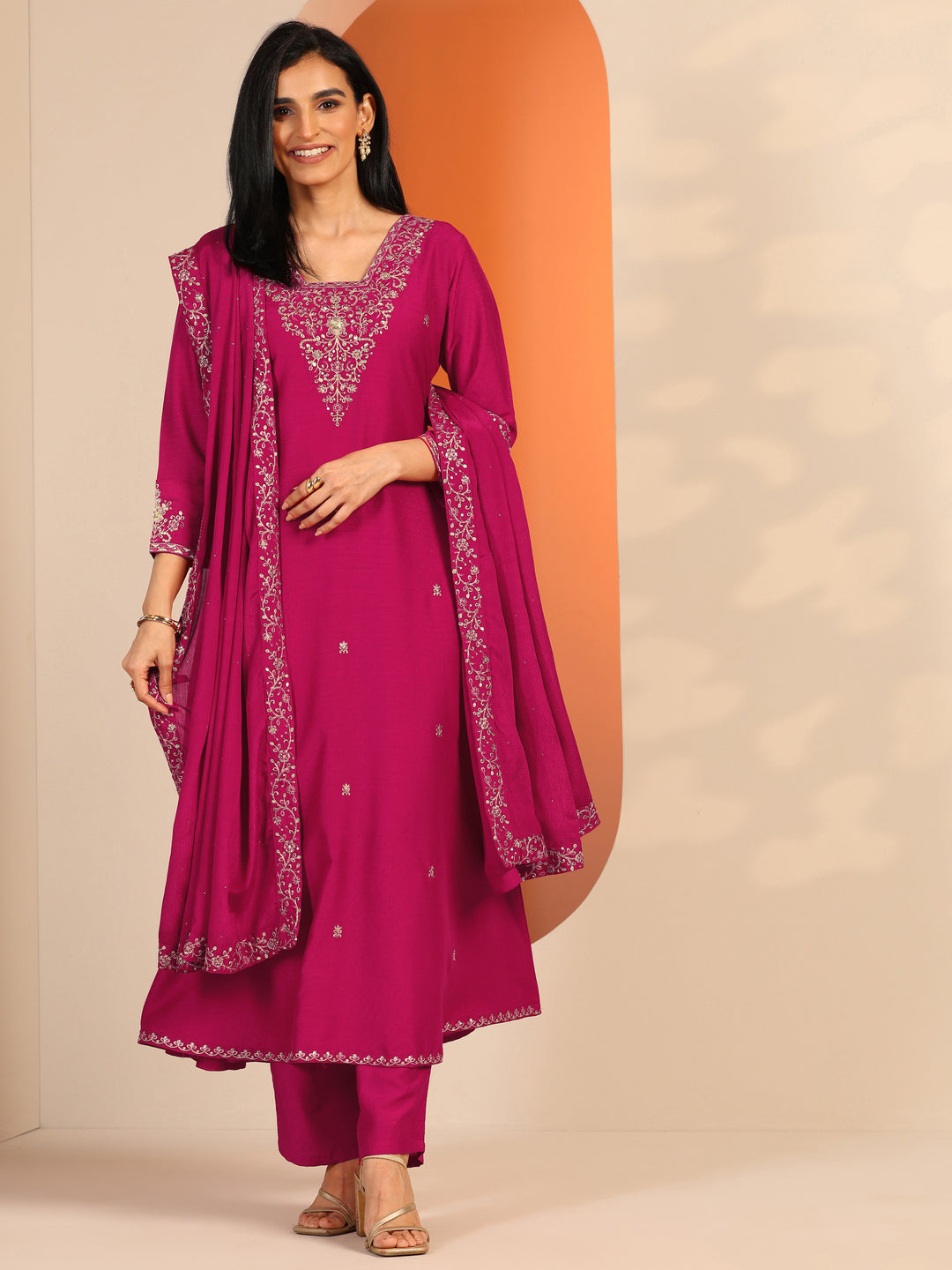  Pink Embellished Silk Blend A-Line Suit Set With Dupatta 