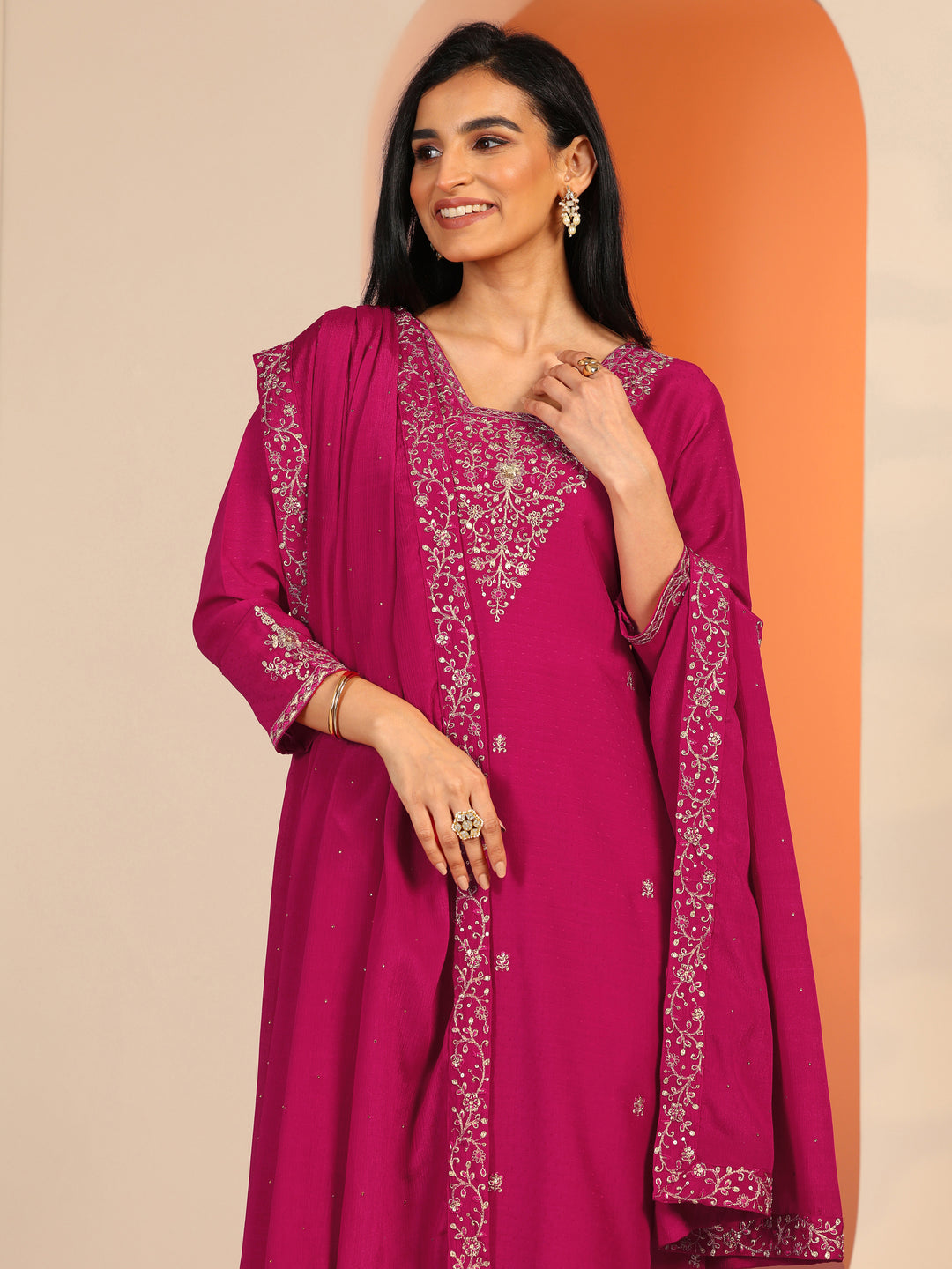  Pink Embellished Silk Blend A-Line Suit Set With Dupatta 