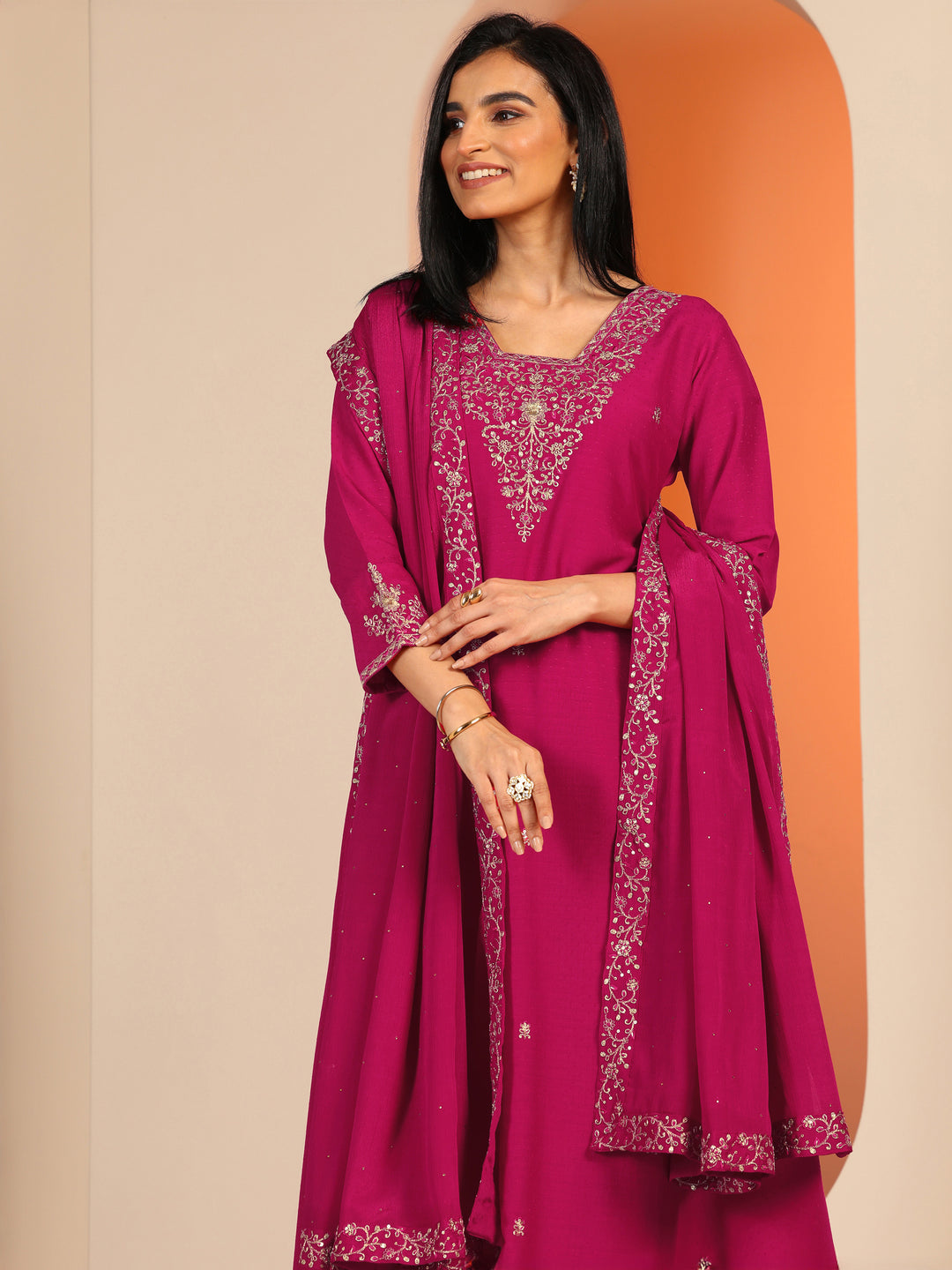 Pink Embellished Silk Blend A-Line Suit Set With Dupatta 