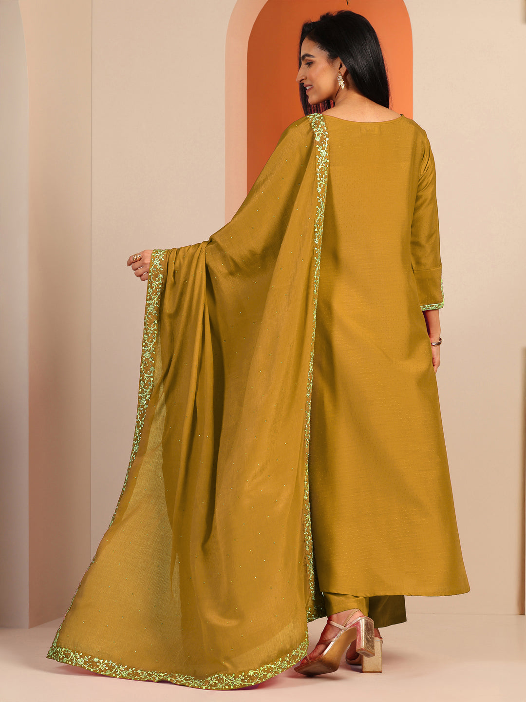 Mustard Embellished Silk Blend A-Line Suit Set With Dupatta 