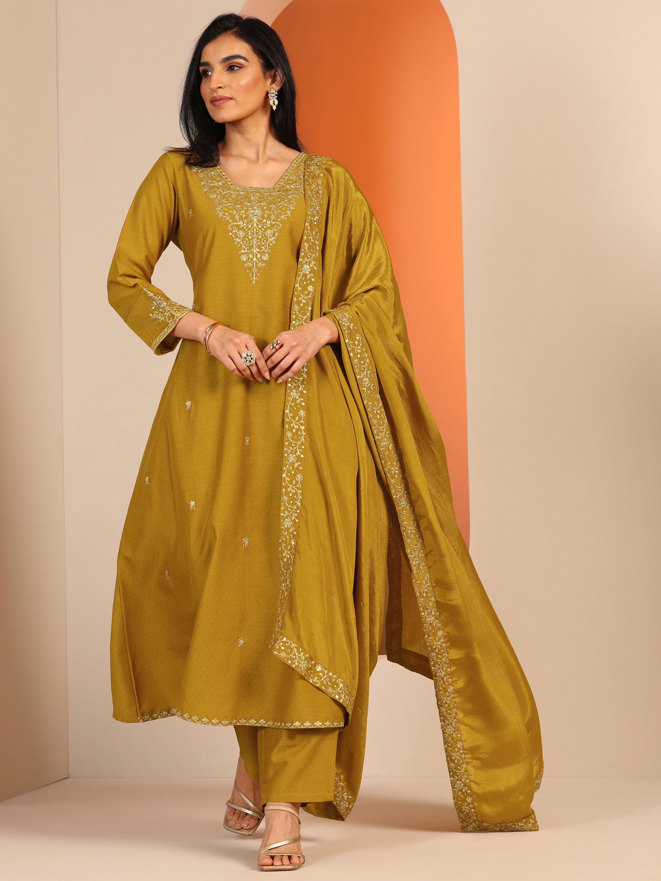 Mustard Embellished Silk Blend A-Line Suit Set With Dupatta-image-7