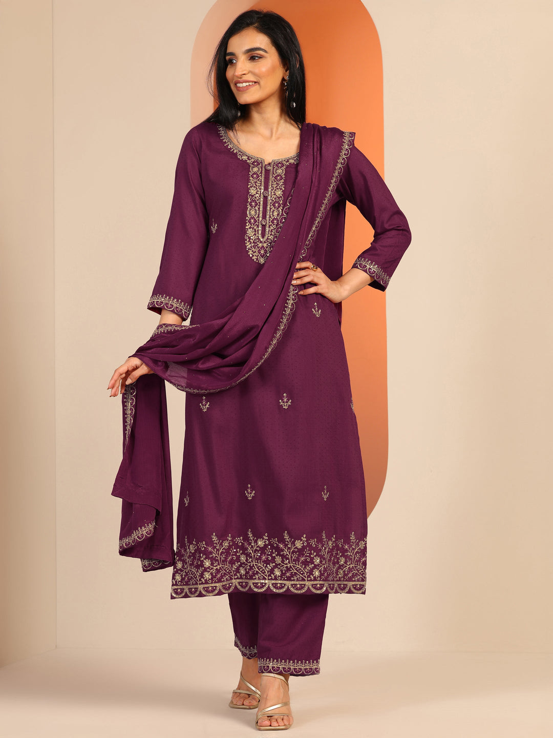  Burgundy Embellished Silk Blend Straight Suit Set With Dupatta 