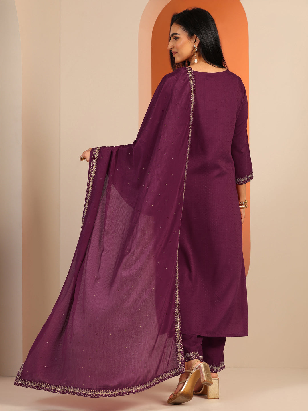  Burgundy Embellished Silk Blend Straight Suit Set With Dupatta 