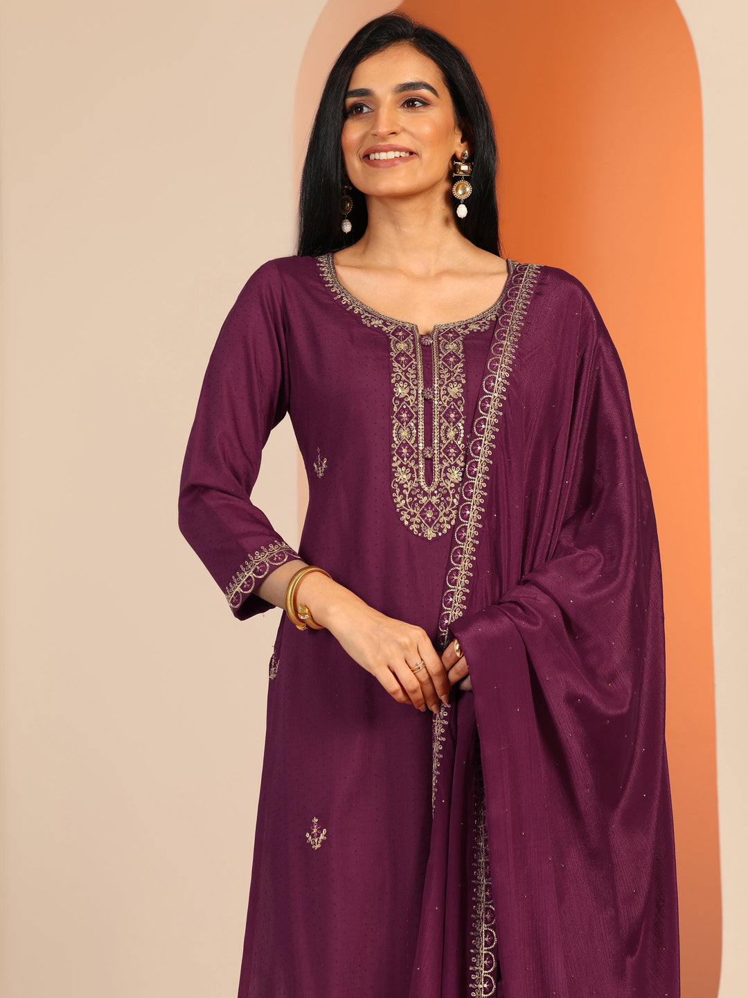  Burgundy Embellished Silk Blend Straight Suit Set With Dupatta 