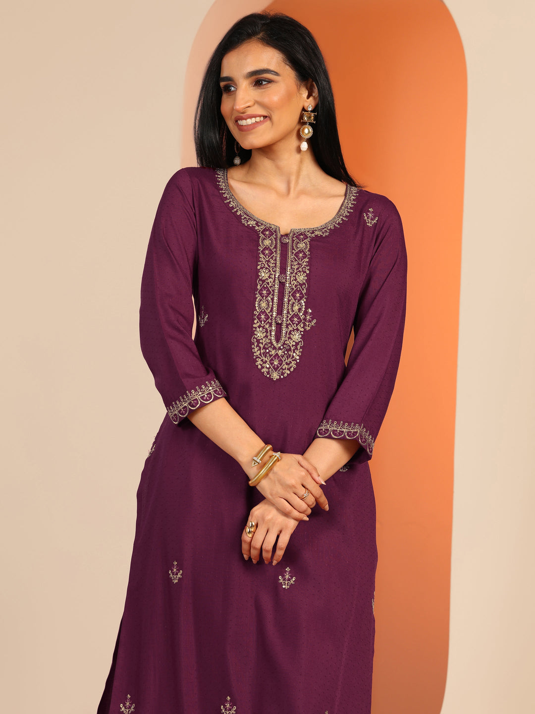  Burgundy Embellished Silk Blend Straight Suit Set With Dupatta 