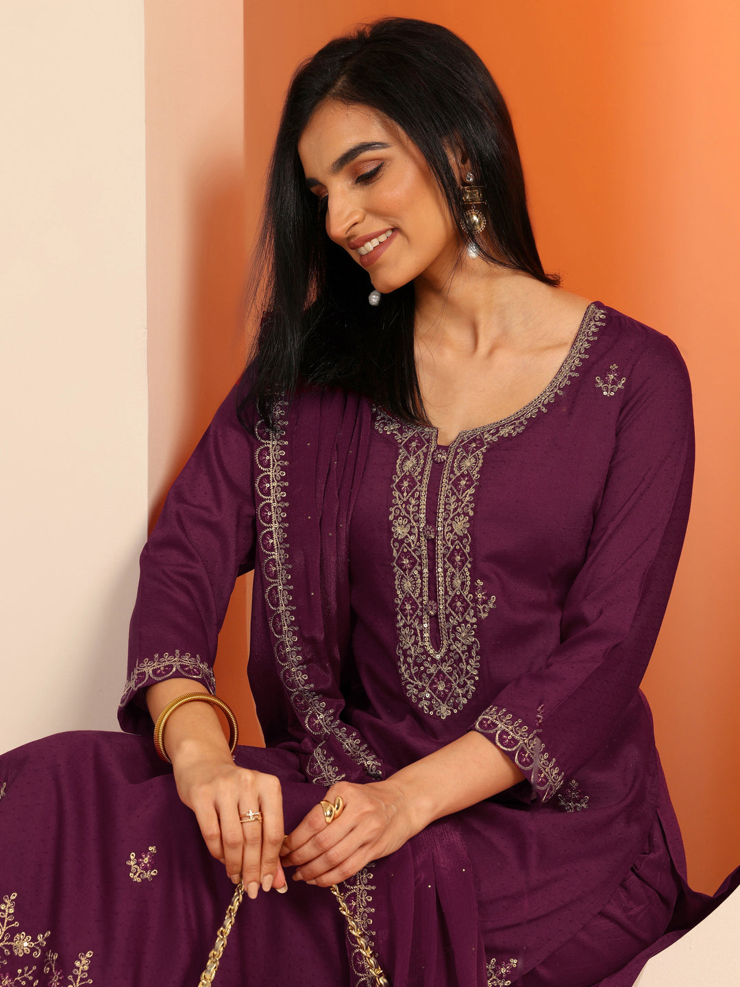  Burgundy Embellished Silk Blend Straight Suit Set With Dupatta 