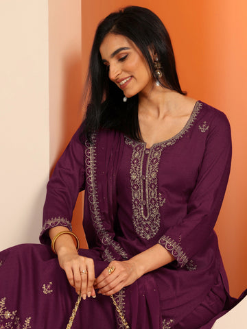 Burgundy Embellished Silk Blend Straight Suit Set With Dupatta