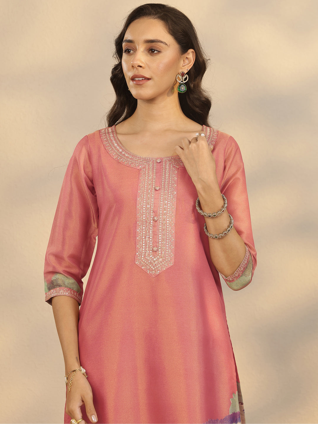  Pink Printed Silk Blend Straight Suit Set With Dupatta 