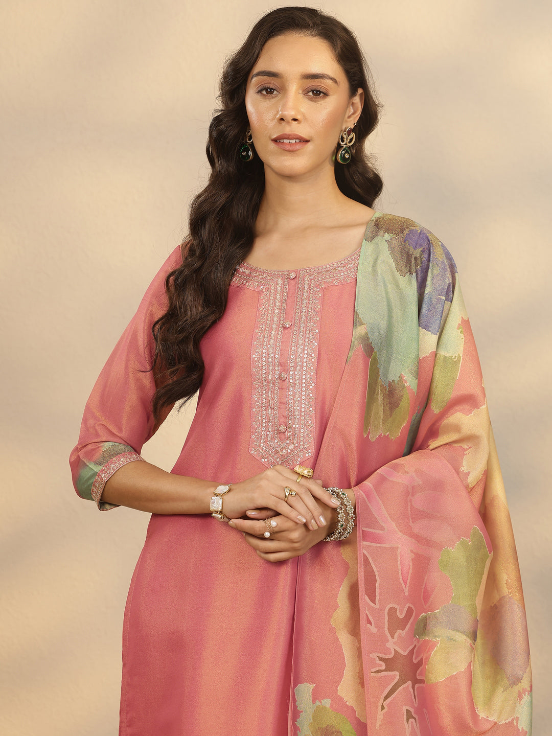  Pink Printed Silk Blend Straight Suit Set With Dupatta 