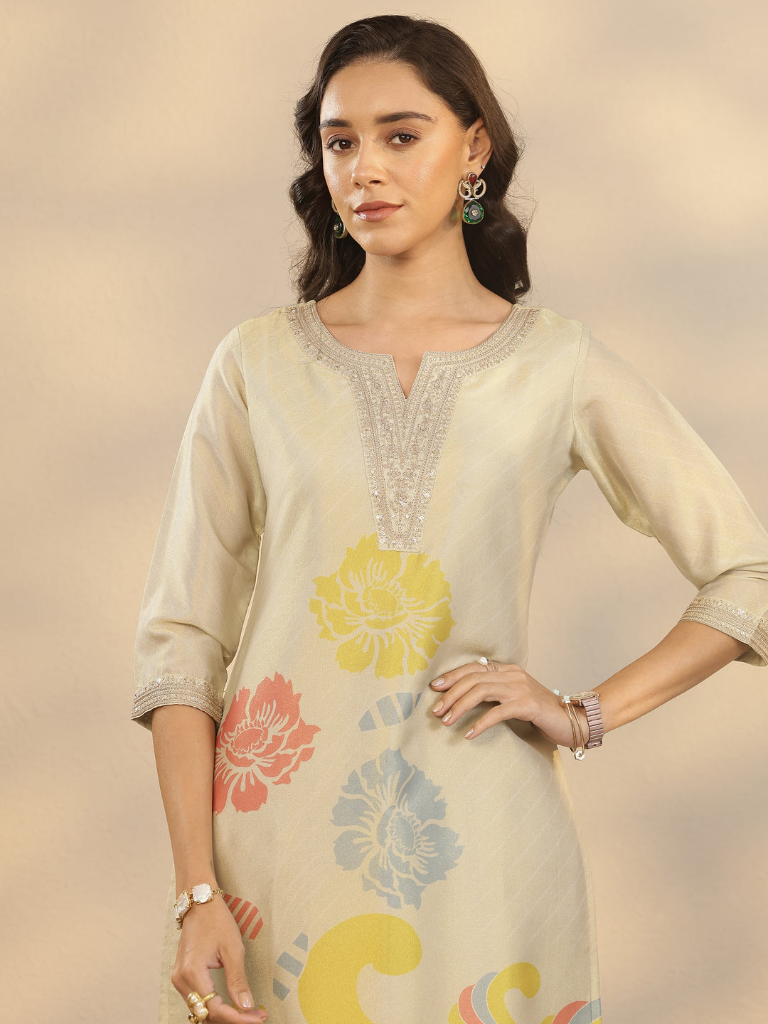  Gold Printed Silk Blend Straight Suit Set With Dupatta 