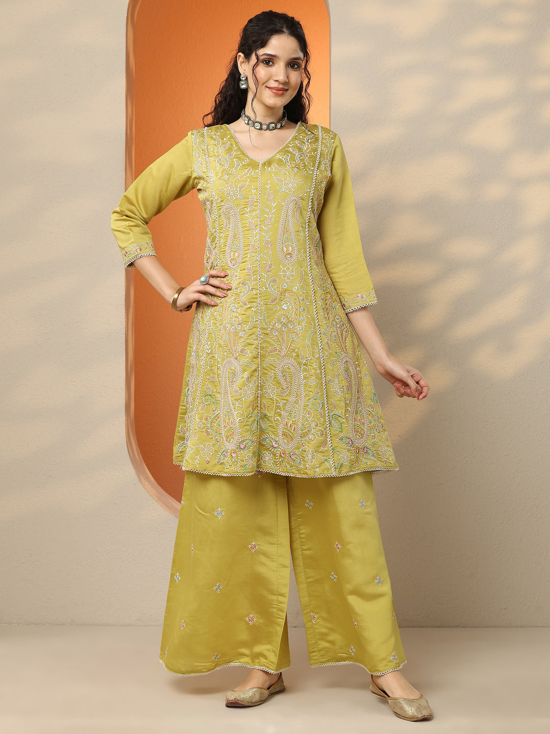  Lime Green Embroidered Silk Blend Co-Ord Sets 