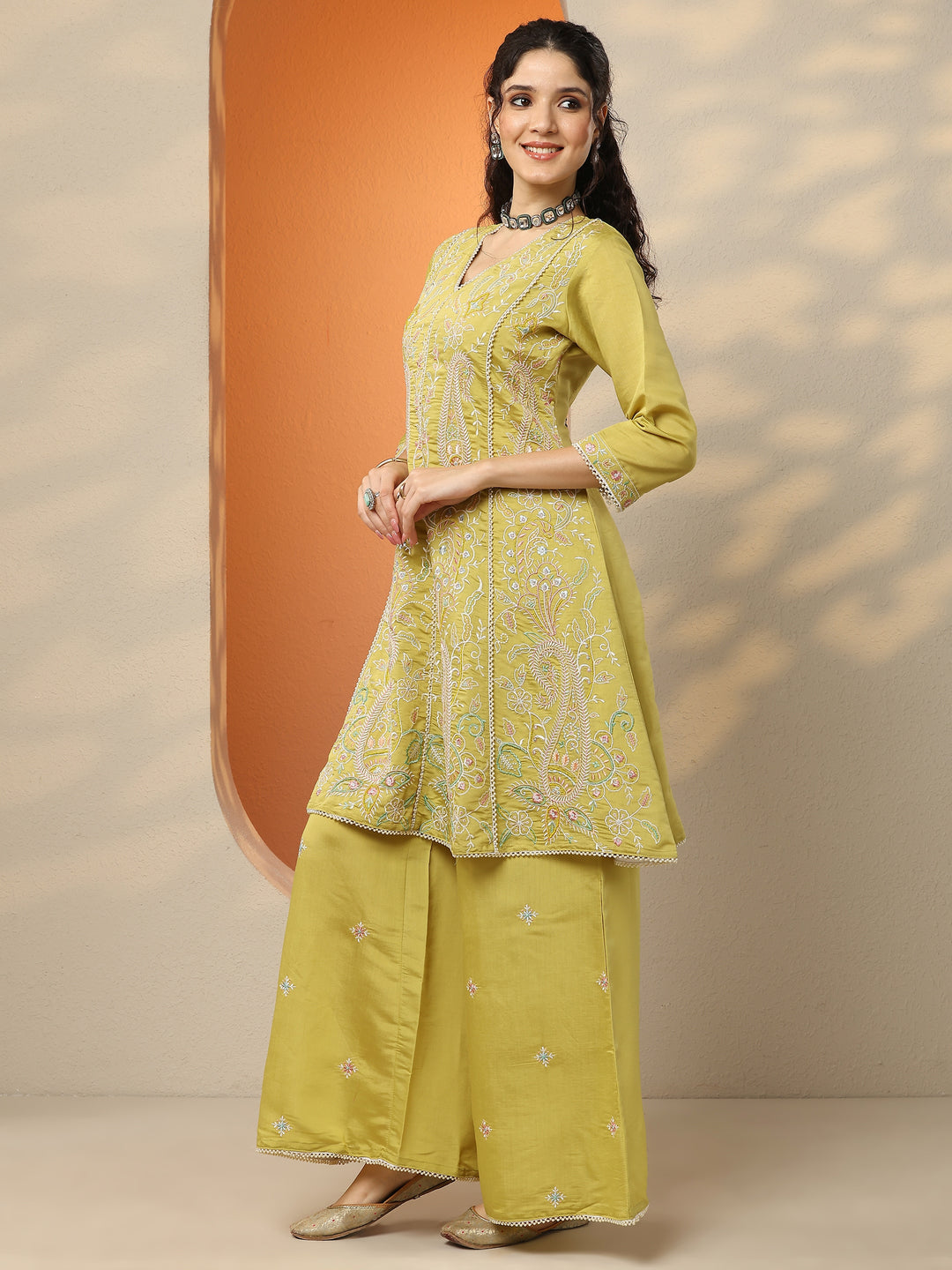  Lime Green Embroidered Silk Blend Co-Ord Sets 