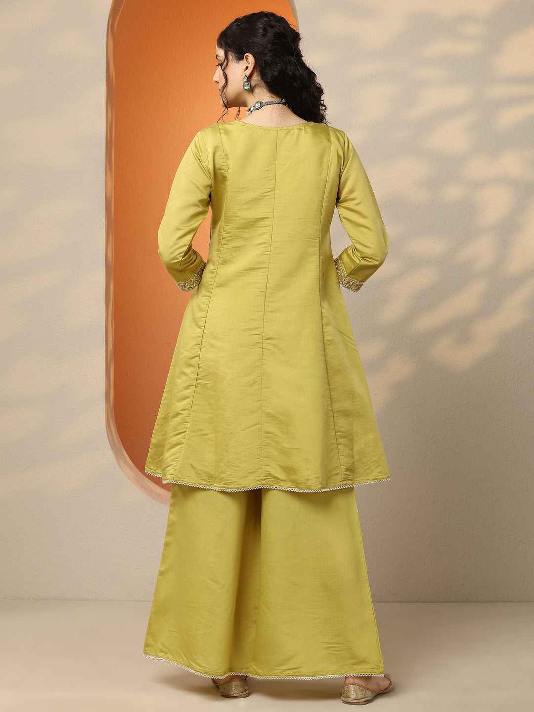  Lime Green Embroidered Silk Blend Co-Ord Sets 