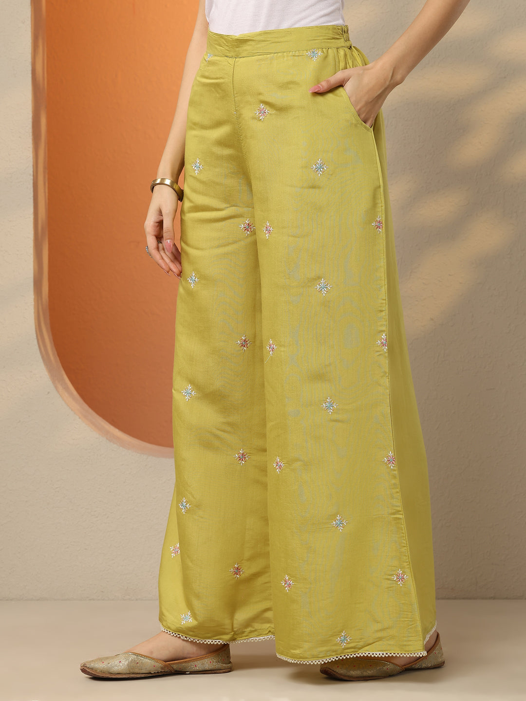  Lime Green Embroidered Silk Blend Co-Ord Sets 