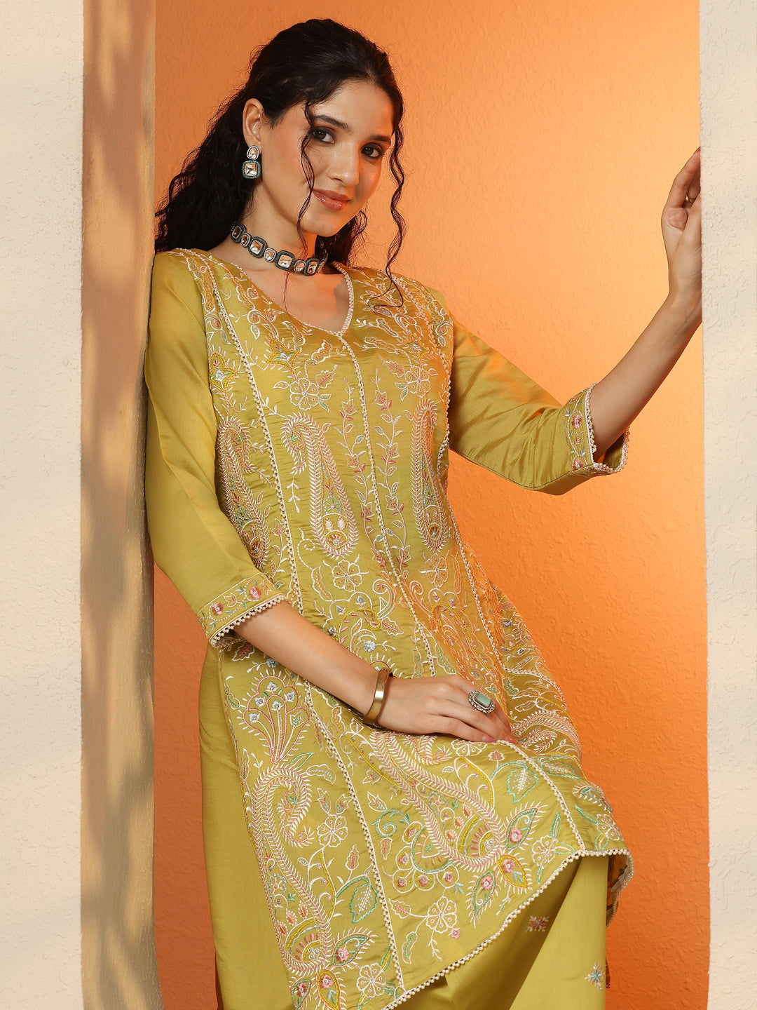  Lime Green Embroidered Silk Blend Co-Ord Sets 
