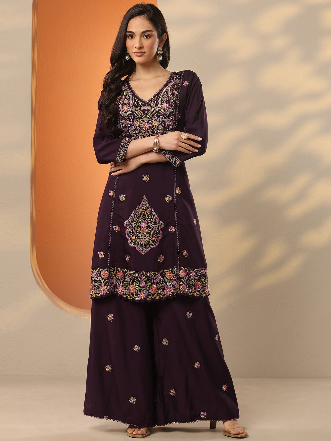  Burgundy Embroidered Silk Blend Co-Ord Sets 