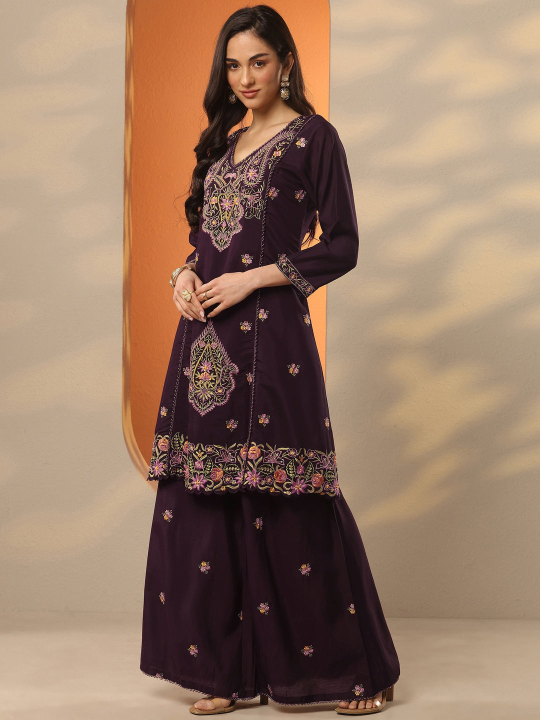  Burgundy Embroidered Silk Blend Co-Ord Sets 