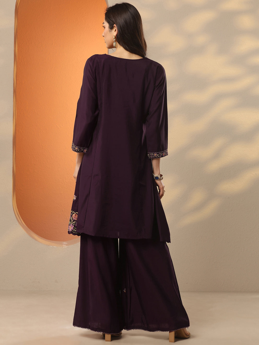  Burgundy Embroidered Silk Blend Co-Ord Sets 