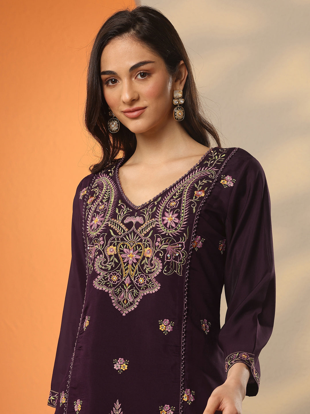  Burgundy Embroidered Silk Blend Co-Ord Sets 