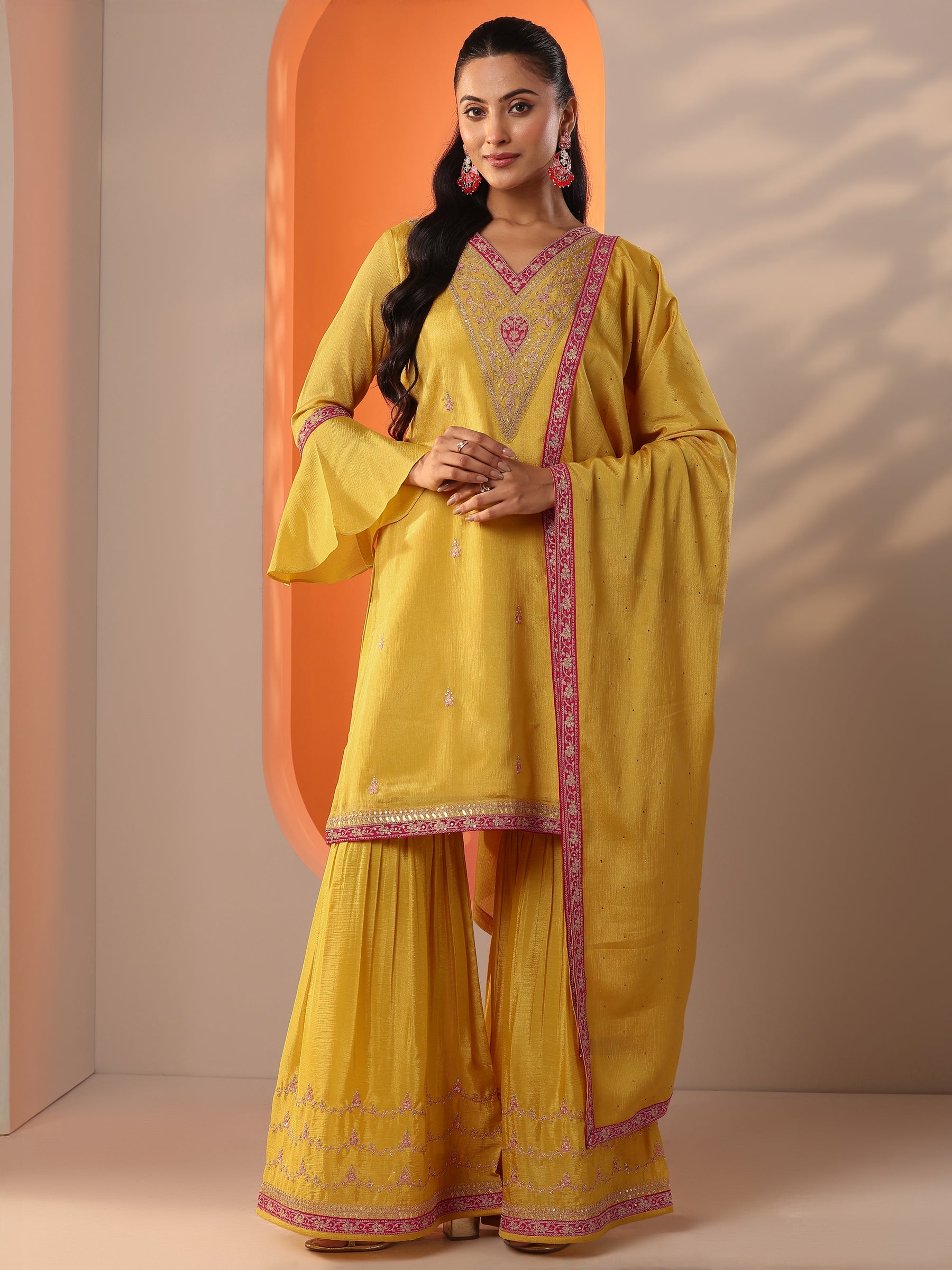 Yellow Embroidered Chinon Straight Suit Set With Dupatta