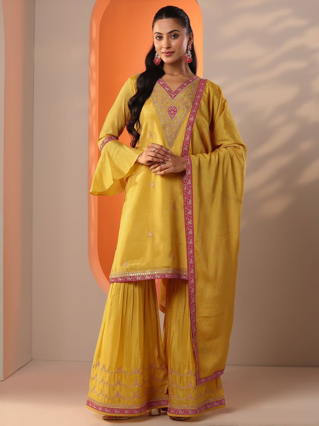  Yellow Embroidered Chinon Straight Suit Set With Dupatta 