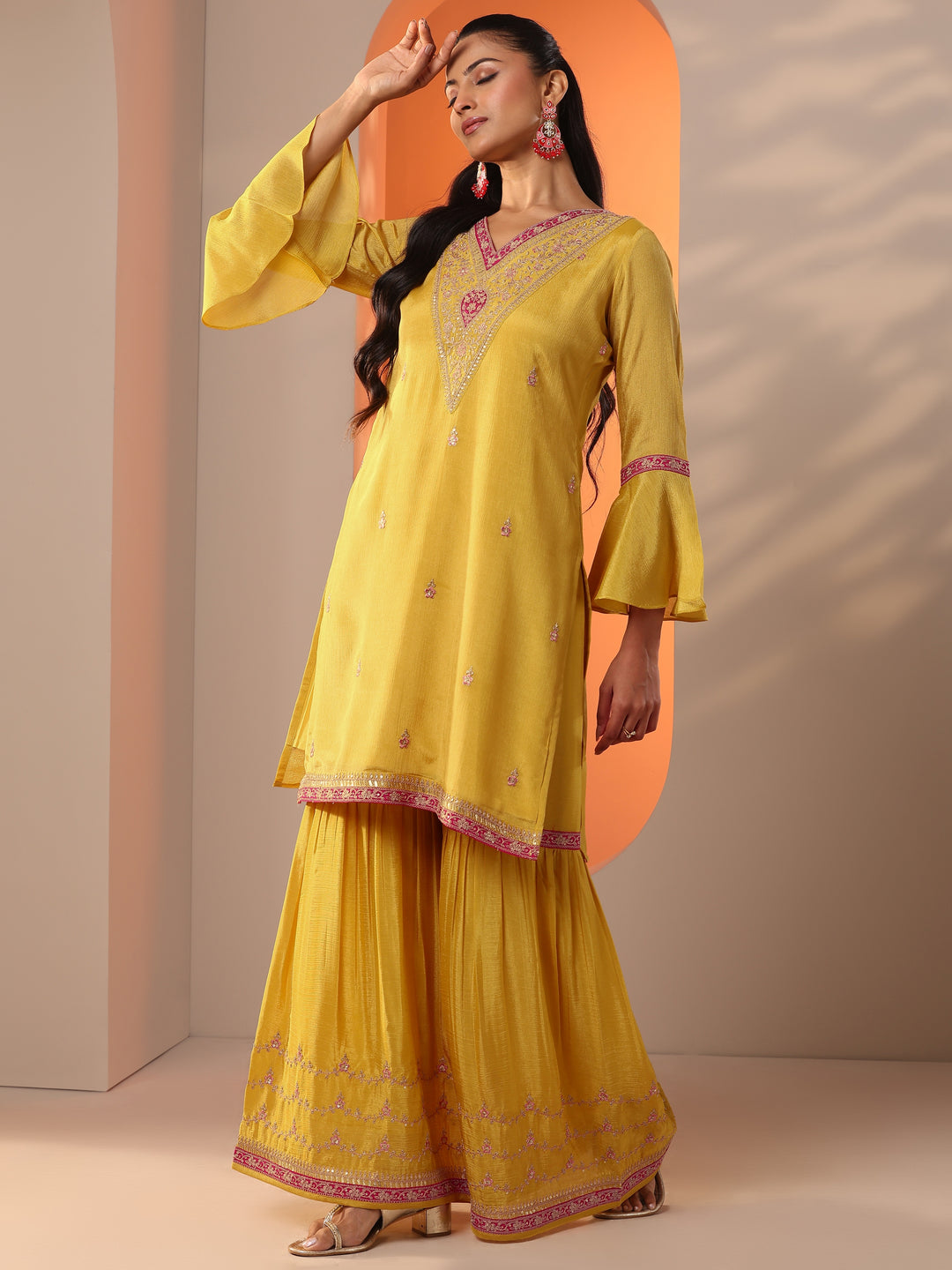  Yellow Embroidered Chinon Straight Suit Set With Dupatta 