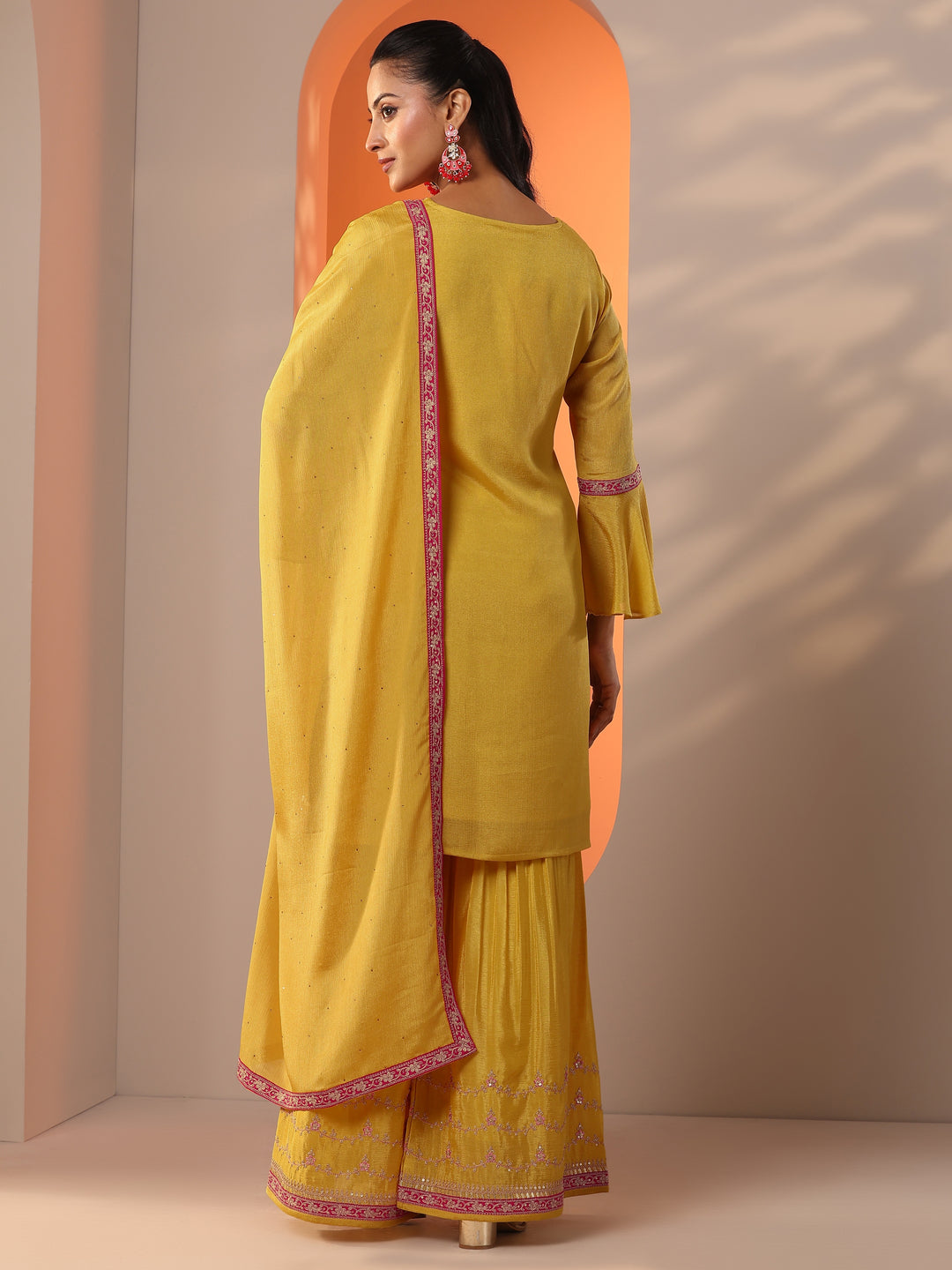  Yellow Embroidered Chinon Straight Suit Set With Dupatta 