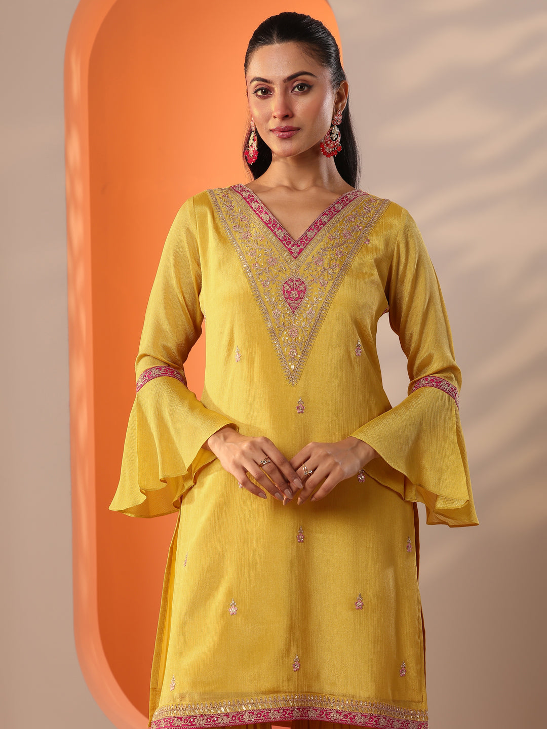  Yellow Embroidered Chinon Straight Suit Set With Dupatta 