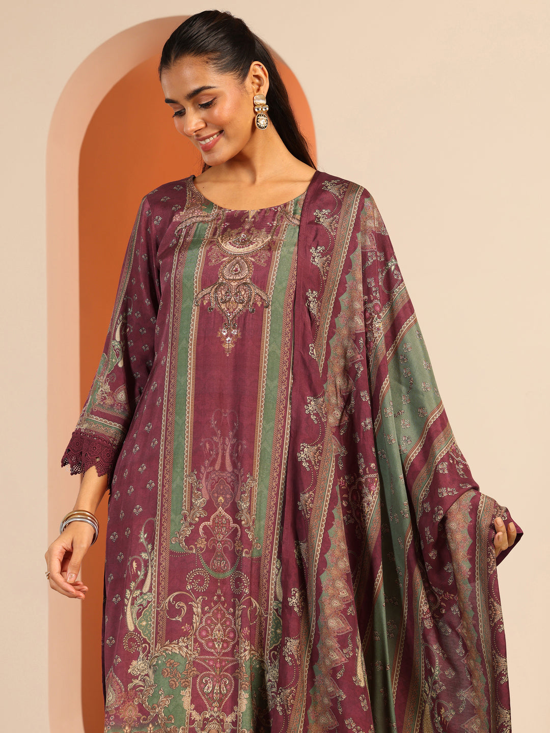  Maroon Printed Muslin Straight Suit Set With Dupatta 