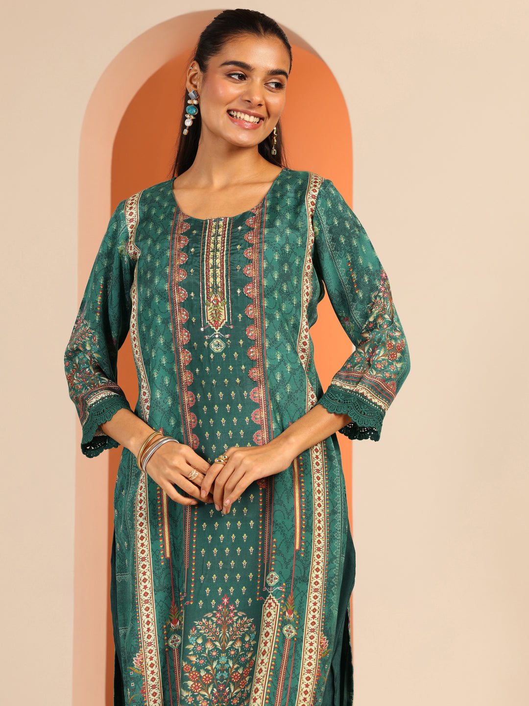  Green Printed Muslin Straight Suit Set With Dupatta 