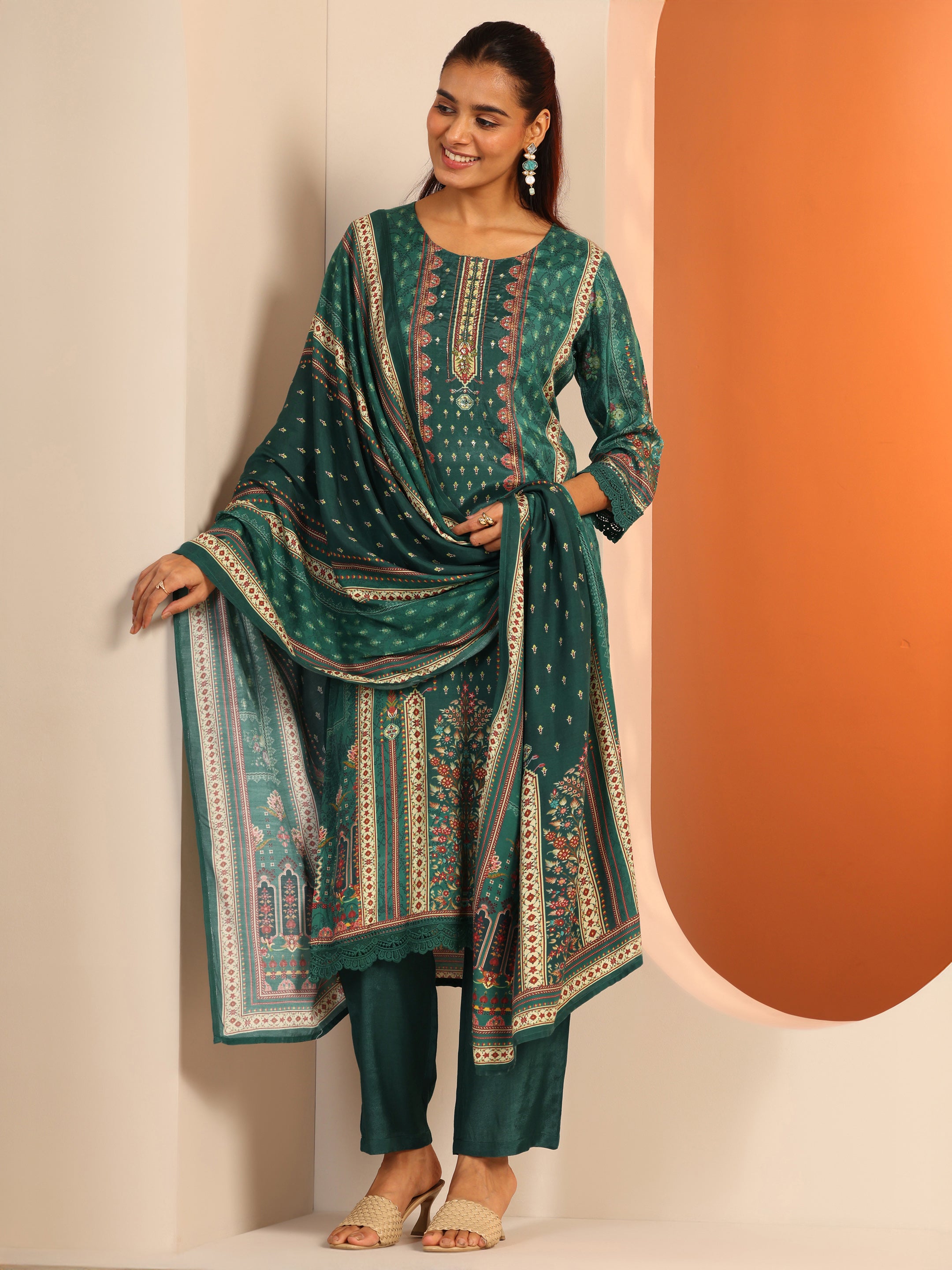 libas Green Printed Muslin Straight Suit Set With Dupatta-picture-39