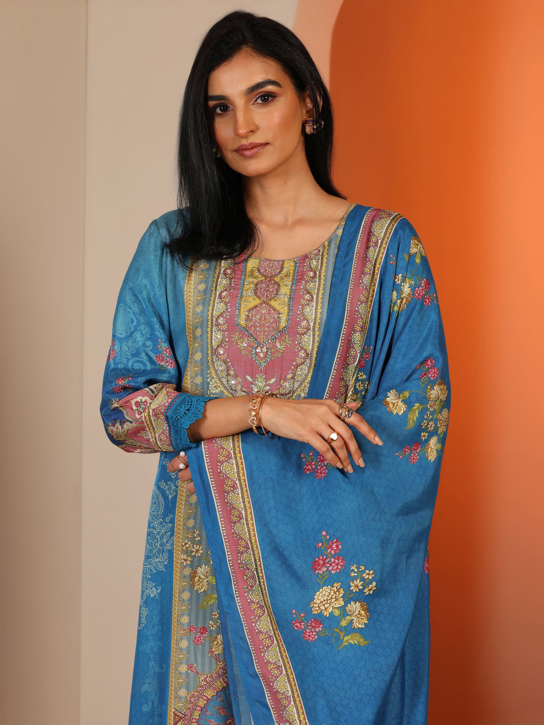  Blue Printed Muslin Straight Suit Set With Dupatta 