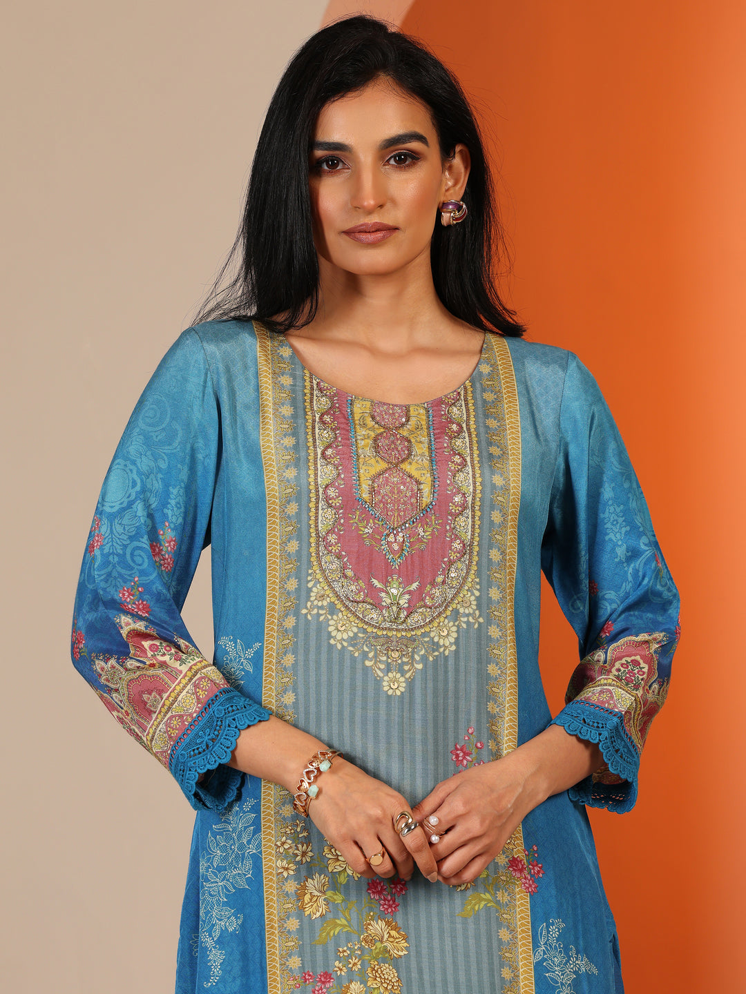  Blue Printed Muslin Straight Suit Set With Dupatta 