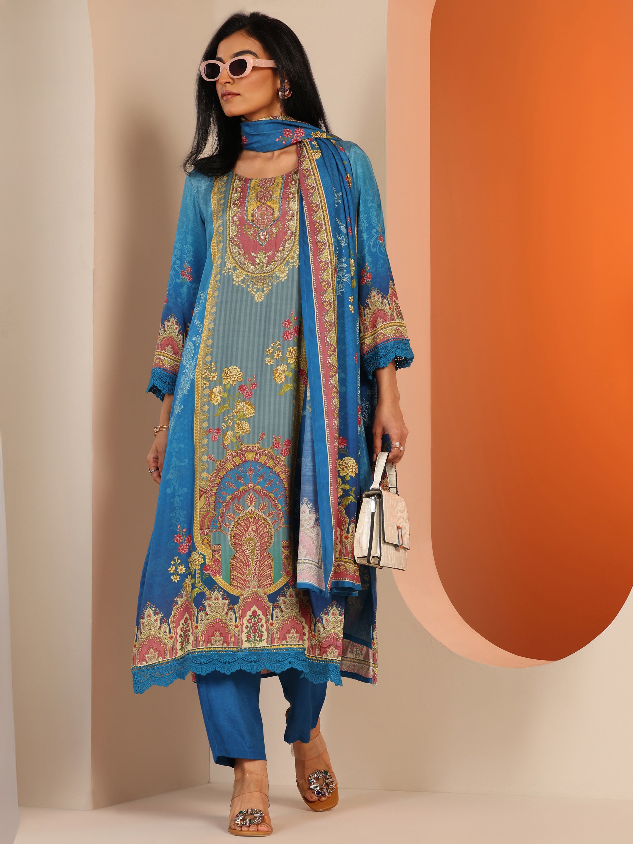 Blue Printed Muslin Straight Suit Set With Dupatta-image-13