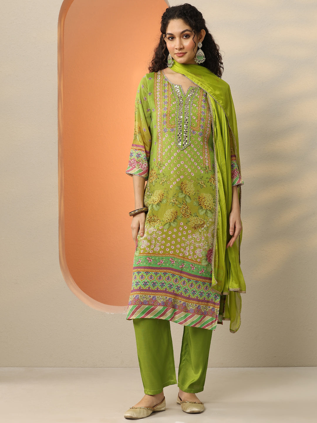  Green Printed Chinon  Straight Suit Set With Dupatta 