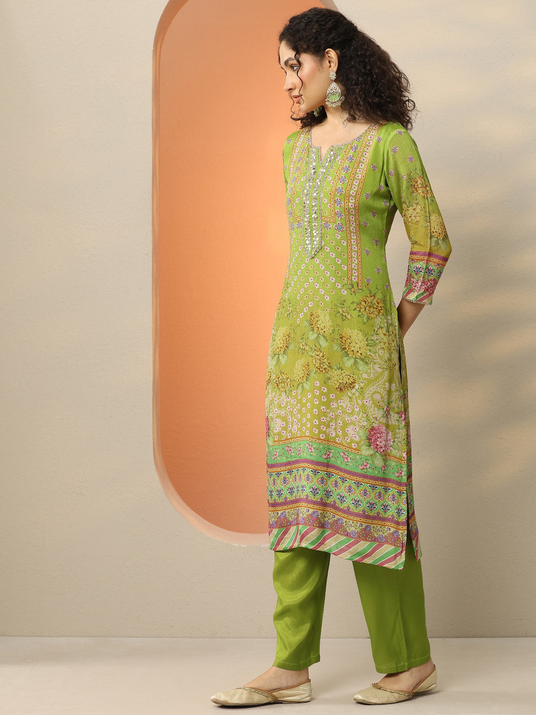  Green Printed Chinon  Straight Suit Set With Dupatta 