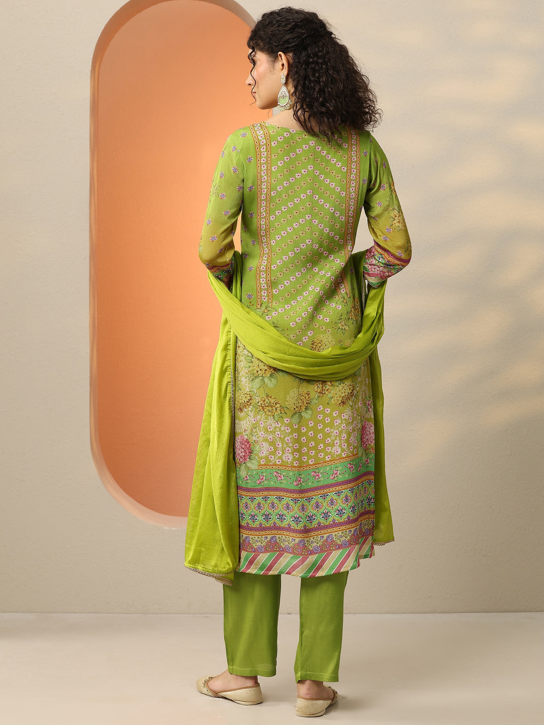  Green Printed Chinon  Straight Suit Set With Dupatta 