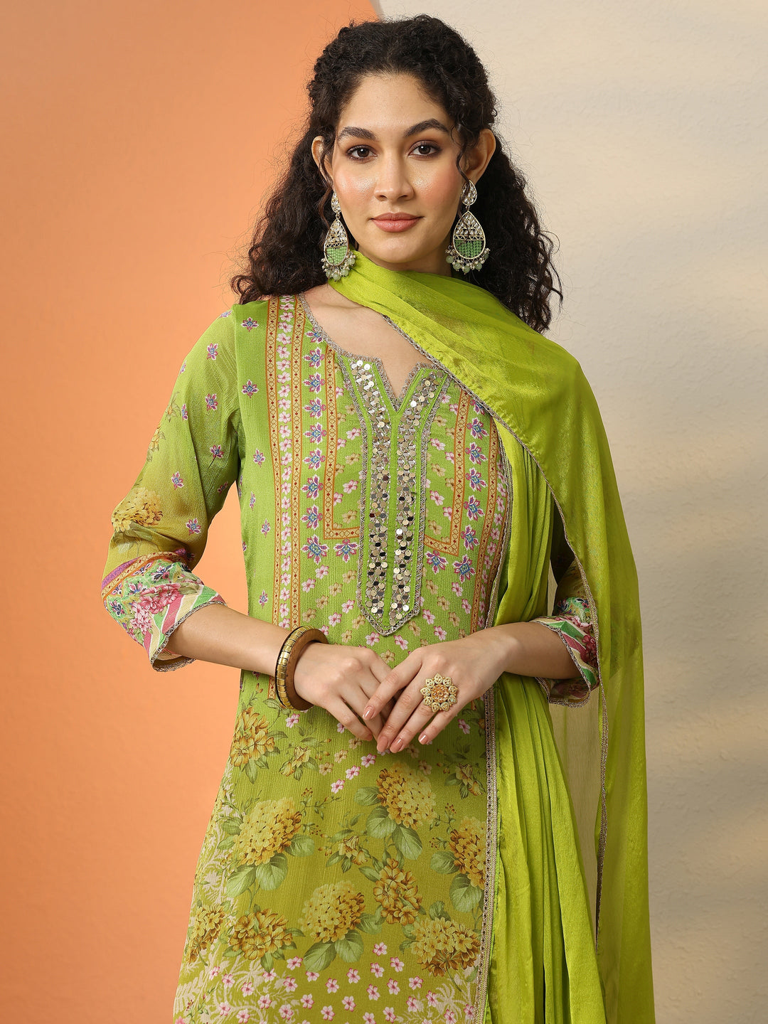  Green Printed Chinon  Straight Suit Set With Dupatta 