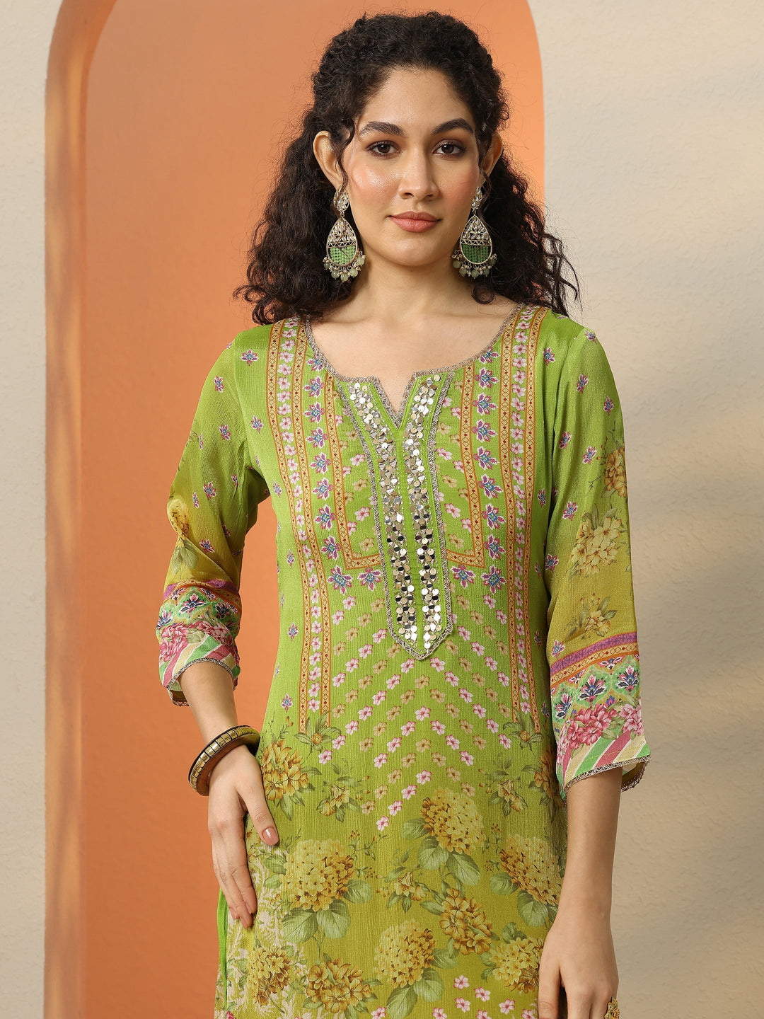  Green Printed Chinon  Straight Suit Set With Dupatta 