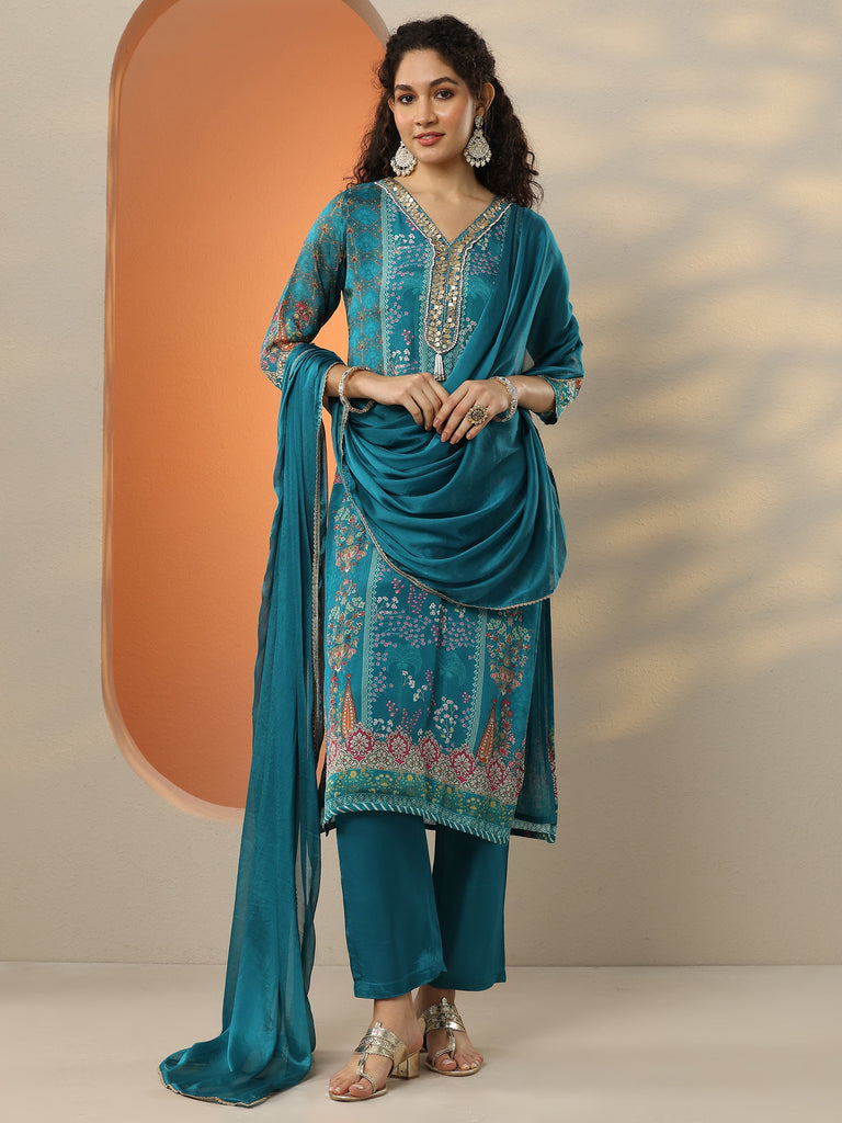 Libas Blue Printed Chinon Straight Suit Set With Dupatta