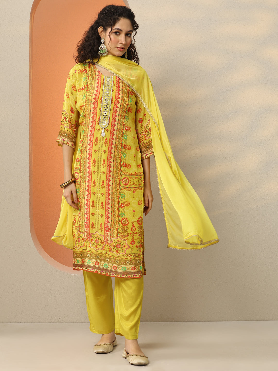  Yellow Printed Chinon  Straight Suit Set With Dupatta 