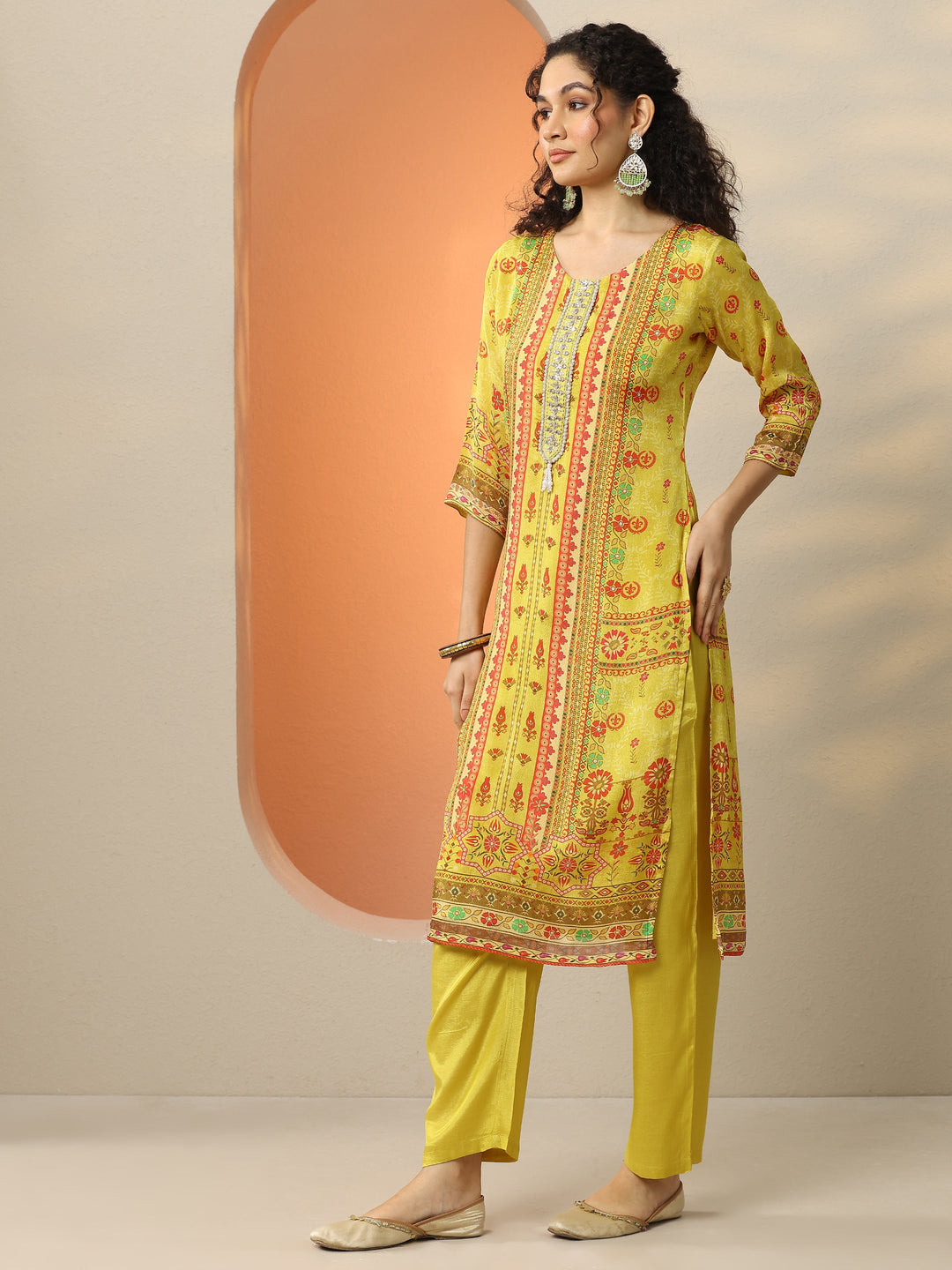 Yellow Printed Chinon  Straight Suit Set With Dupatta 