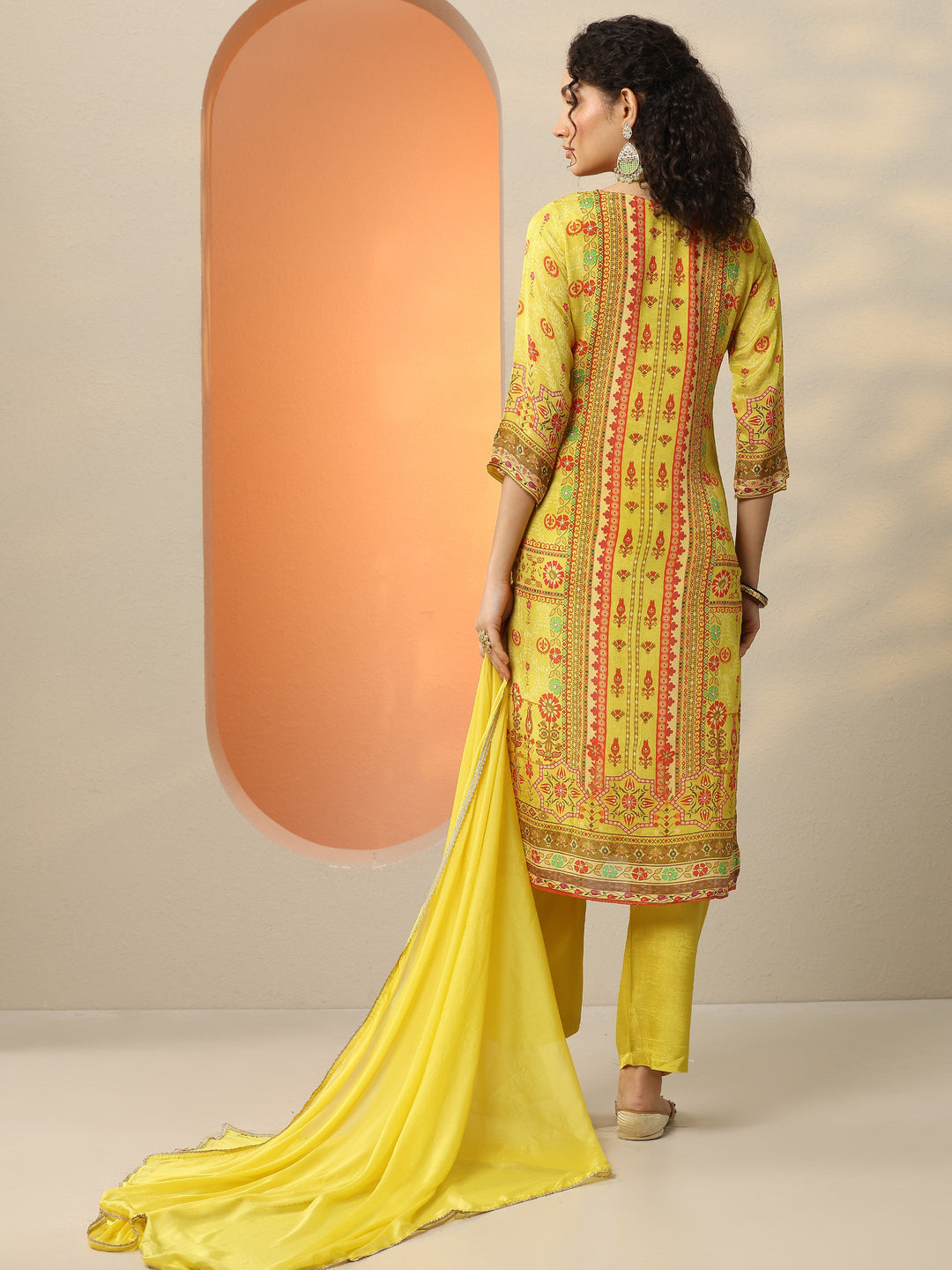  Yellow Printed Chinon  Straight Suit Set With Dupatta 